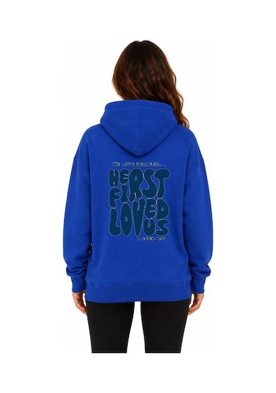 Herkesemoda First Love Arka Baskılı Kapüşonlu 2 İplik Şardonlu Sweatshirt Mavi