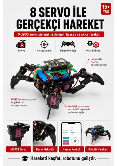 Arduino Örümcek Robot Kiti Wifi Kontrollü 8 Servo Motorlu Programlanabilir Stem Robotik Kodlama Seti - 867322301