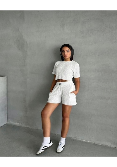 Rahat Fit Dokulu Şortlu Takım Siyah