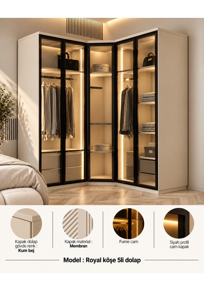 Free Home Royal Köşe 5'li Kum Beji Mdf Gardırop Elbise Dolabı 162x162 X214x40 Kumbeji