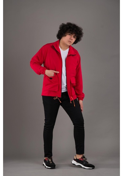Oversize Kapak Cepli Yakalı Astarlı İnce Baharlık Erkek Mont Kırmızı