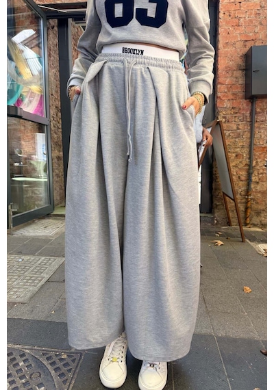 Extra Wide Ekstra Geniş Paçalı Bağcıklı Eşofman Alt Ve Düşük Omuz İki Parçalı Atletli Eyalet Abd Usa Yazı Baskılı 2 Parça Görünümlü Uzun Kol Sweatshirt Spor Mevsimlik Kadın Takım Gri