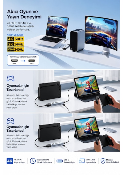 4k Hdmı Video Yakalama Kartı, Usb 3.0 Capture Card, 100w Pd Şarj Destekli, 90 Usb-c Kablolu, 4k 60 Fps Ve 1080p 240 Fps Destekli, Switch 2, Vr, Tablet, Pc Ve Mac Uyumlu