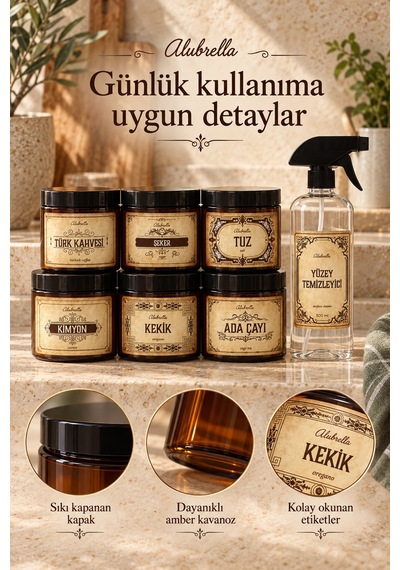 Alubrella 500 Ml 6 Kapaklı Kavanoz Ve 1 Şeffaf Boş Sprey Şişe Mutfak Düzenleme Seti Amber