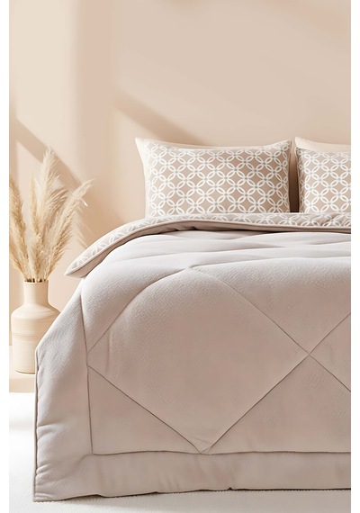 Rivaistanbul Bej Geometrik Loura Çift Kişilik Çift Taraflı Lüx Wellsoft Yorgan Seti 195x215 Cm Bej