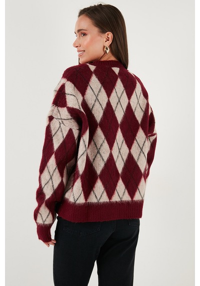 Lela Oversize Fit Bisiklet Yaka Baklava Desenli Yumuşak Dokulu Bayan Kazak 4616223 Bordo