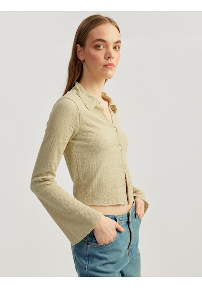 Koton Slim Fit Uzun Kollu Dokulu Gömlek Yaka Düğmeli Tişört Yeşil 5sal10458ık Yeşil