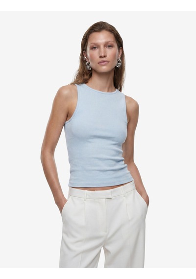 Koton Pamuklu Slim Fit Kolsuz Kayık Yaka Bluz Mavi 6sak10029ek