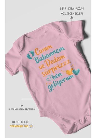 Morivokids Babaanneye Ve Dedeye Özel Kısa Kollu Bebek Body %100 Pamuk Koyu Pembe