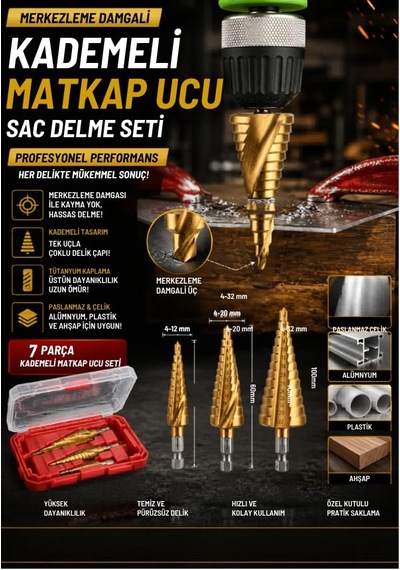 7 Parça Merkezleme Damgalı Kademeli Matkap Ucu Sac Delme Seti Özel Kutulu