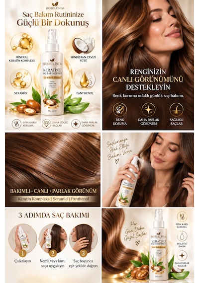 Keratinli Saç Bakım Spreyi Isı Ve Renk Koruma, Keratin, Seramid, Panthenol Ve Hindistan Cevizi Sütü 150 Ml