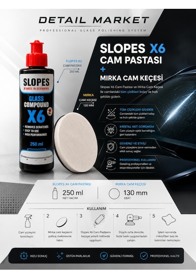 Slopes Cam Çizik Giderici Pasta 250 Ml Ve Mirka Cam Keçesi 130 Mm Set