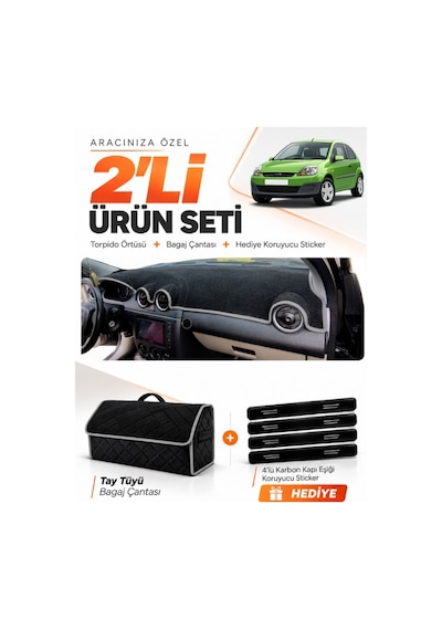Ford Fiesta Tip 2 2003-2010 Uyumlu Torpido Örtüsü + Tay Tüyü Bagaj Çantası + Sticker - Siyah Gri