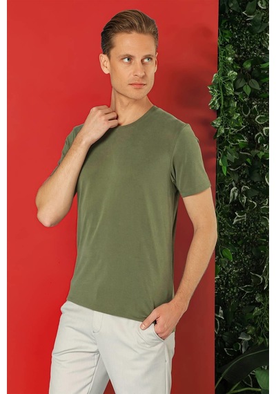 Efor Slim Fit Bisiklet Yaka %100 Pamuk Haki Tişört Ts 878 Haki