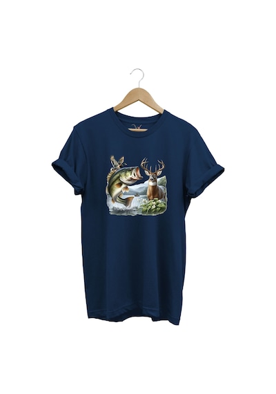 Balıkçılık Ve Avcılık Temalı Geyik, Ördek Ve Turna Balığı Baskılı %100 Pamuk Regular Fit T-shirt Lacivert