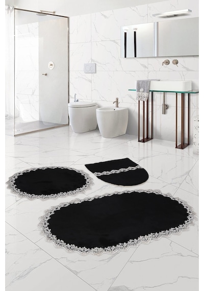 Bonny Home Venüs Siyah 3'lü Dantelli Banyo Paspası Seti Çeyizlik
