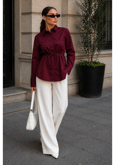 Madmext Bordo Belden Bağlamalı Oversize Cepli Gömlek Mg2798