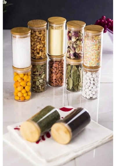6'li Bambu Kapaklı Cam Baharatlık Seti Vakum Kapak, 6 Adet Bambu Kapaklı Cam Kavanoz & Baharat Takımı & Baharatlık Genel