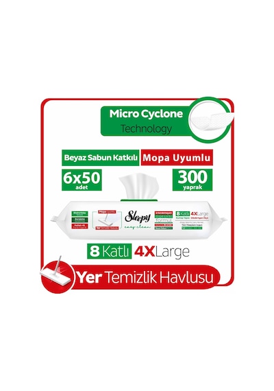 Sleepy Easy Clean Beyaz Sabun Katkılı Mopa Uyumlu Yer Temizlik Havlusu&Mendili 6x50 (300 Yaprak)