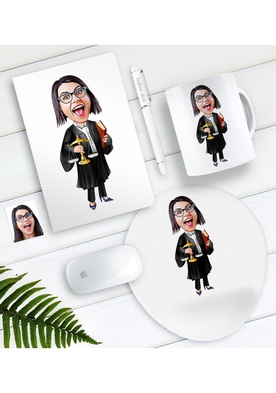 Kişiye Özel Bayan Avukat Karikatürlü Defter Kalem Kupa Mouse Pad
