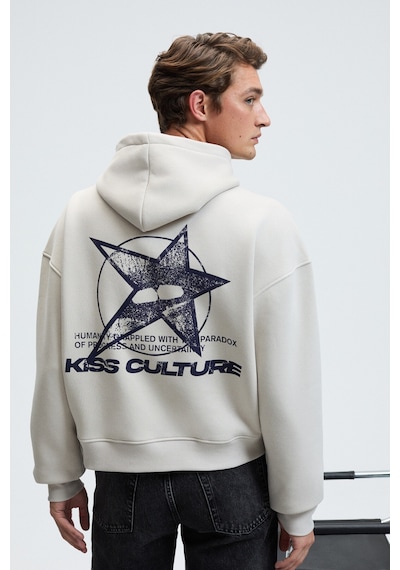 Grimelange TRUETT Erkek Kapüşonlu Kanguru Cepli Önü Ve Sırtı Baskılı Oversize Gri Sweatshirt