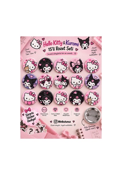Minikutunuz Hello Kitty Kuromi 15 Li Rozet Seti 44 Mm Kawaii Anime Çanta Yaka İğneli Rozet Diğer