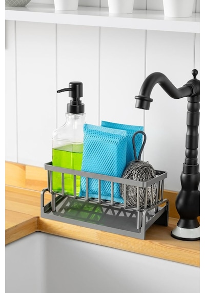 Lavabo Organizeri Tezgah Üstü Abs Plastik Mutfak Organizer Banyo Düzenleyici Evye Üstü Süngerlik Sabunluk Organizer Su Hazneli Gri Raf Metalik Gri Çok Renkli 59608258