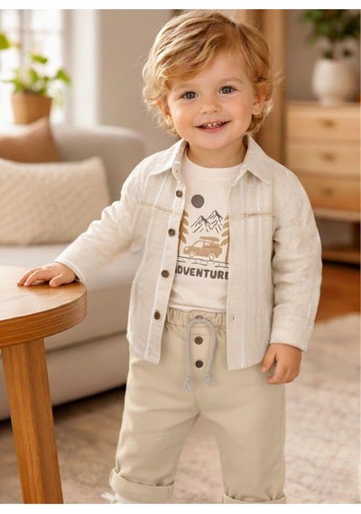 Babyhola Erkek Bebek Bayramlık Takım Araba Baskılı Müslin Kumaş Set 2215 Ekru
