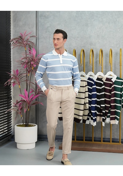 Modefendi Pamuk Likra Slim Fit Örgü Yatay Desen Yaka Şerit Detaylı Polo Yaka Kazak Bebe Mavi Modefendi Pamuk Likra Slim Fit Örgü Yatay Desen Yaka Şerit Detaylı Polo Yaka Kazak Bebe Mavi