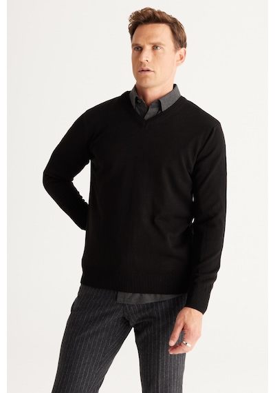AC&Co / Altınyıldız Classics Erkek Siyah Standart Fit Normal Kesim V Yaka Triko Kazak 4A4923100002SYHXXL Siyah