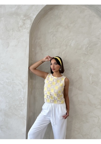 Verymoda Dama Desen Tığ İşi Toptan Bluz Sari
