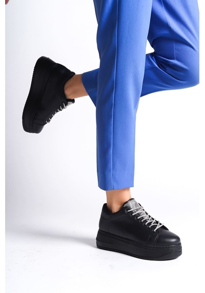 Della Bağcıklı Ortopedik Taban Taşlı Kadın Sneaker Spor Ayakkabı Cst - Siyah Siyah