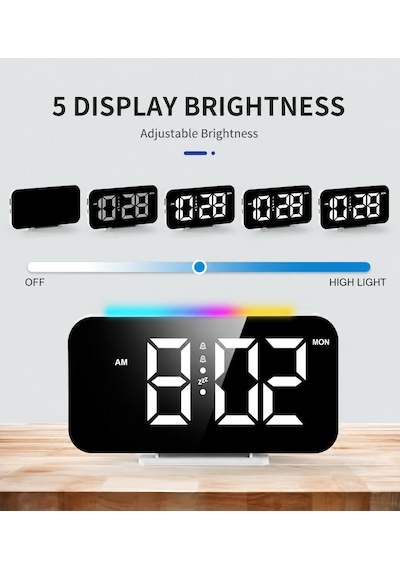 12h/24h Dijital Led Saat, Üç Ses Seviyesi, Çift Alarm, Rgb 10 Gece Lambası, 5 Parlaklık Seviyesi Siyah
