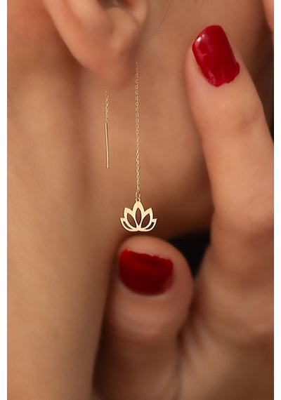 14 Ayar Altın Lotus Zincir Küpe Sarı Altın