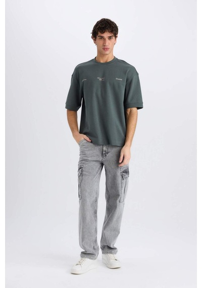 DeFacto Loose Fit Bisiklet Yaka Baskılı Kısa Kollu Ağır Kumaş Tişört E0575AX25SMGN498