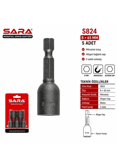 Sara S824 Mıknatıslı Somun Adaptörü 8 X 65 Mm, 5 Adet