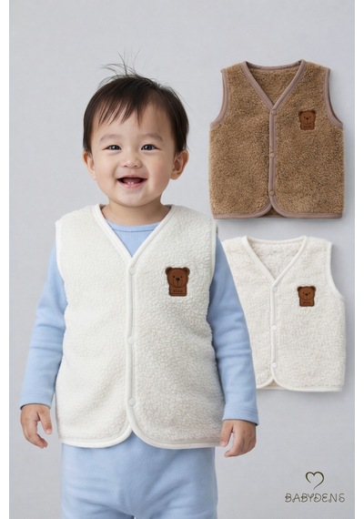 Babyden's 2 Li Welsoft Yelek Seti Erkek Bebek & Çocuk Peluş Yumuşak Kışlık Bebek Yeleği, Çıtçıtlı Ekru - Kahverengi