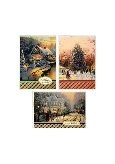 Thomas Kinkade Noel Kartı Çeşitleri, Karlı Sahneler 3 Tasarım, Zarflı 24 Kart