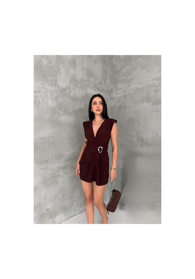 Rouge Basıc Tokalı Mini Elbise Kahverengi