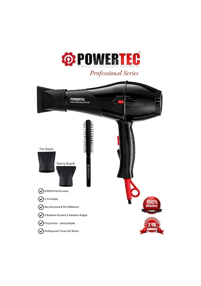 Powertec TR-701 Profesyonel Fön Makinesi + Profesyonel Berber Fön Fırçası Siyah