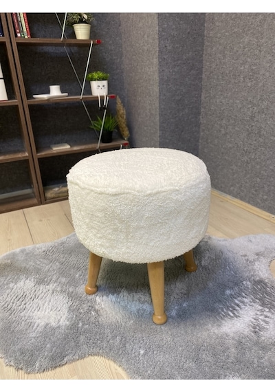 Asedia Miskin Naturel Teddy Krem Ahşap Ayaklı Peluş Puf Makyaj Koltuğu Yuvarlak Tabure