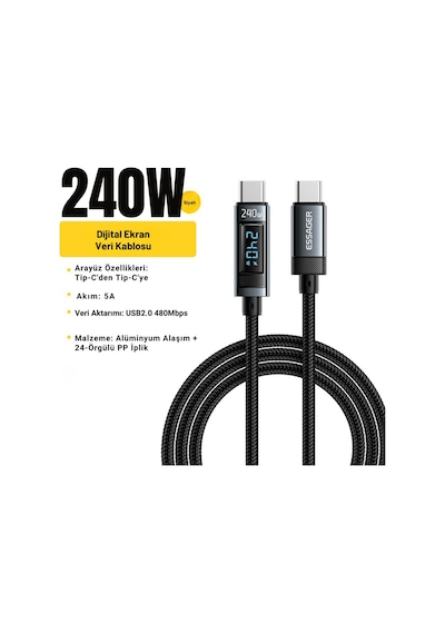 Essager 2 Metre 240w Dijital Ekranlı Type-c To Type-c Mega Hızlı Data Şarj Kablosu, Ultra Sağlam Halat Kablo Kopmaz