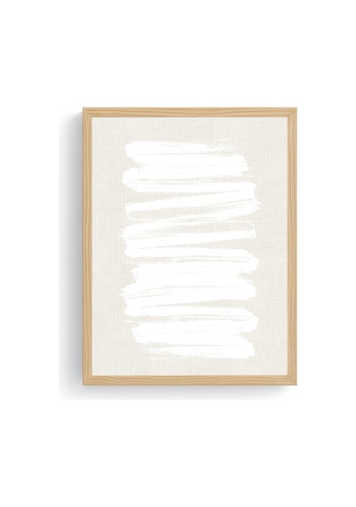 Doğal Ahşap Çerçeveli Minimal Beyaz Fırça Desenli Tablo - Pastel Huhu1069