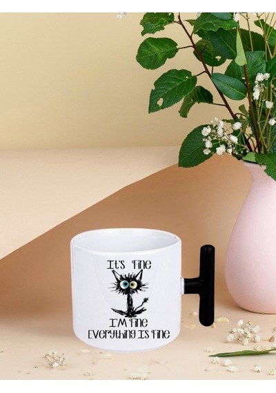 Deepcraft İyiyim Her Şey Yolunda Kedi T Kulplu Kupa Yılbaşı,sevgililer Günü, Hediyelik Kupa 185ml Beyaz
