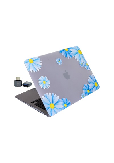Apple Uyumlu MacBook Air 13.6 M2 M3 M4 M5 Kılıf Mat İnce Lazer Baskılı Çiçek Desenli Sert Kapak Açık Mavi