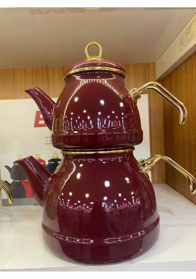 Emaye Özel Tasarım Yapışmaz Yüzey Büyük Boy Demlik Seti Emaye Çaydanlık Üst 1.4 L Alt 2.6 L Bordo