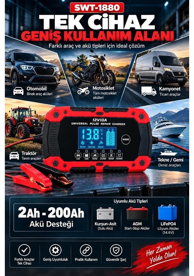 Tr Akıllı Dijital Akü Şarj Cihazı 12v 10a, 2ah-200ah Akü Uyumlu, Lcd Ekranlı, Pulse Repair, Kış Yaz Modu, Agm L