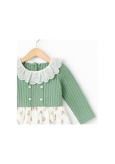 Carmin Baby Çiçek Desenli Dantel Detay Kız Bebek Elbise Yeşil