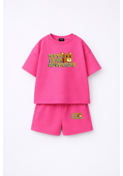 Fasardi Super Bear Adventure Süper Ayı Baskılı Oversize %100 Pamuk Tişört Şort 2li Çocuk Takım Fuşya