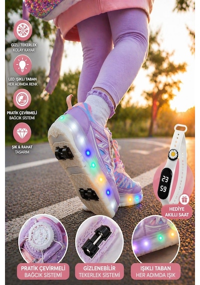 Muggo Skate Çocuk Işıklı Patenli Tekerlekli Sneaker Spor Ayakkabı Lila